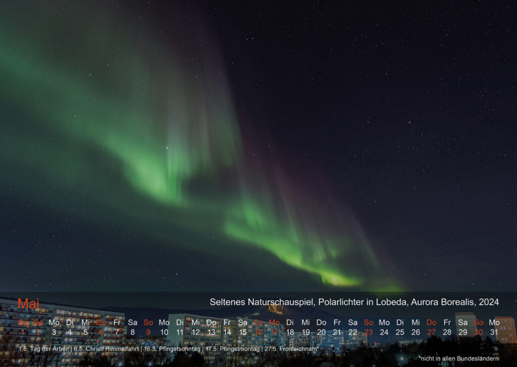 Mai 2024 – Polarlichter über Jena: Ein seltenes Naturschauspiel, aufgenommen in Lobeda-West mit Blick zur Lobdeburg.